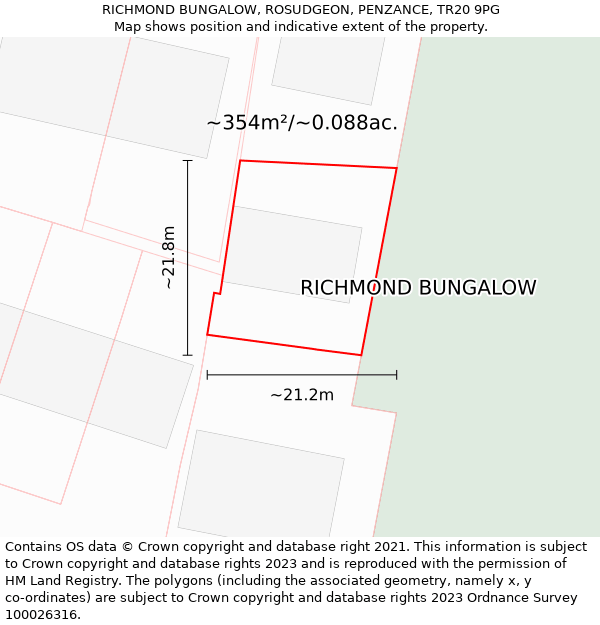 RICHMOND BUNGALOW, ROSUDGEON, PENZANCE, TR20 9PG: Plot and title map