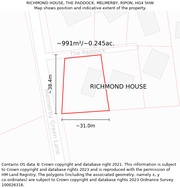 RICHMOND HOUSE, THE PADDOCK, MELMERBY, RIPON, HG4 5HW: Plot and title map