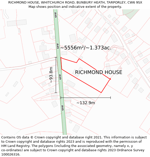 RICHMOND HOUSE, WHITCHURCH ROAD, BUNBURY HEATH, TARPORLEY, CW6 9SX: Plot and title map