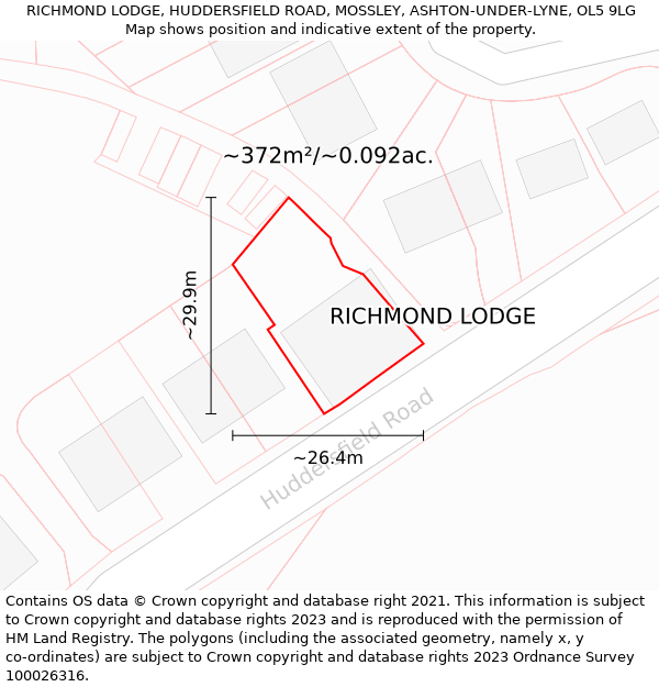 RICHMOND LODGE, HUDDERSFIELD ROAD, MOSSLEY, ASHTON-UNDER-LYNE, OL5 9LG: Plot and title map