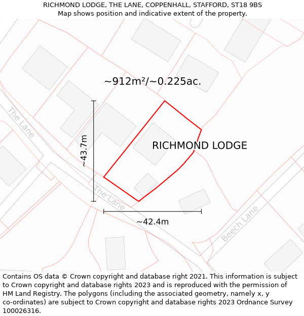 RICHMOND LODGE, THE LANE, COPPENHALL, STAFFORD, ST18 9BS: Plot and title map