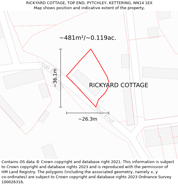 RICKYARD COTTAGE, TOP END, PYTCHLEY, KETTERING, NN14 1EX: Plot and title map
