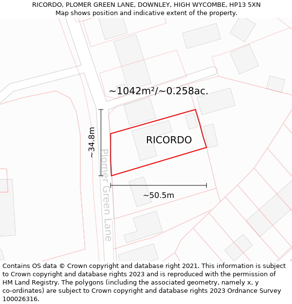 RICORDO, PLOMER GREEN LANE, DOWNLEY, HIGH WYCOMBE, HP13 5XN: Plot and title map