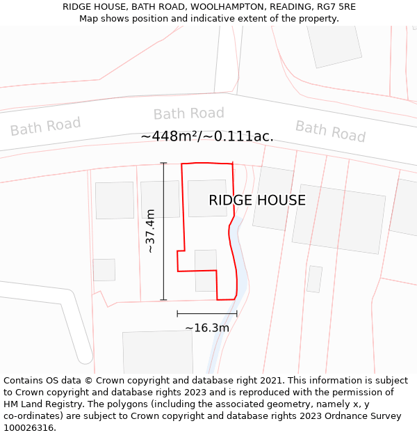 RIDGE HOUSE, BATH ROAD, WOOLHAMPTON, READING, RG7 5RE: Plot and title map