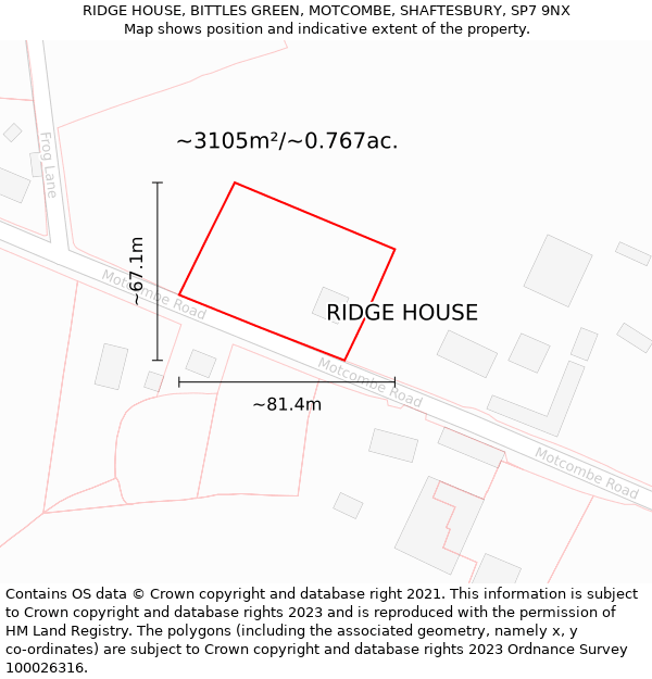 RIDGE HOUSE, BITTLES GREEN, MOTCOMBE, SHAFTESBURY, SP7 9NX: Plot and title map