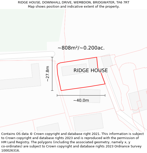 RIDGE HOUSE, DOWNHALL DRIVE, WEMBDON, BRIDGWATER, TA6 7RT: Plot and title map