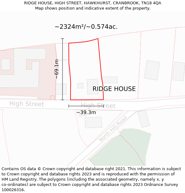 RIDGE HOUSE, HIGH STREET, HAWKHURST, CRANBROOK, TN18 4QA: Plot and title map