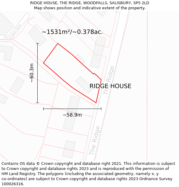 RIDGE HOUSE, THE RIDGE, WOODFALLS, SALISBURY, SP5 2LD: Plot and title map