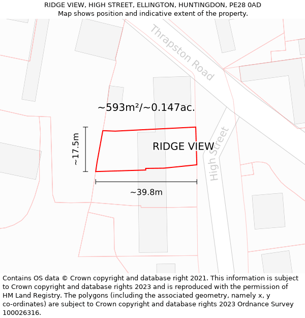 RIDGE VIEW, HIGH STREET, ELLINGTON, HUNTINGDON, PE28 0AD: Plot and title map