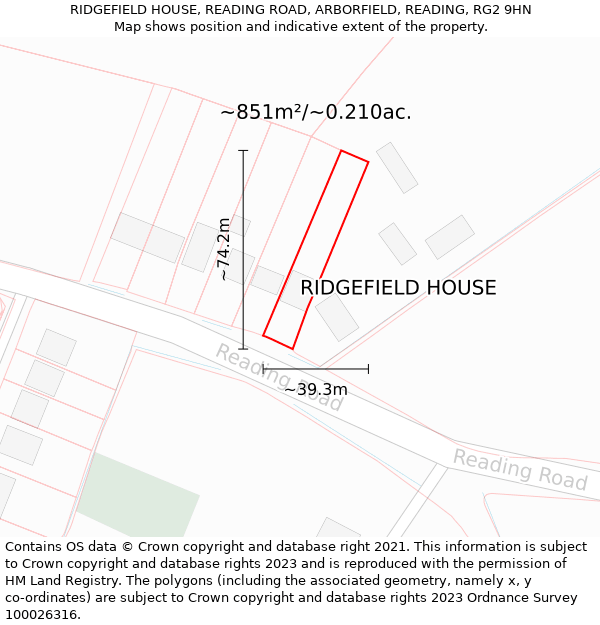 RIDGEFIELD HOUSE, READING ROAD, ARBORFIELD, READING, RG2 9HN: Plot and title map