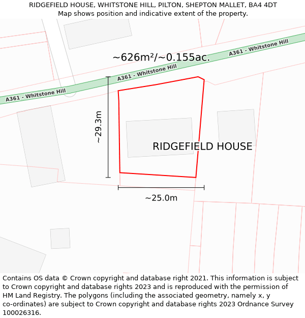 RIDGEFIELD HOUSE, WHITSTONE HILL, PILTON, SHEPTON MALLET, BA4 4DT: Plot and title map