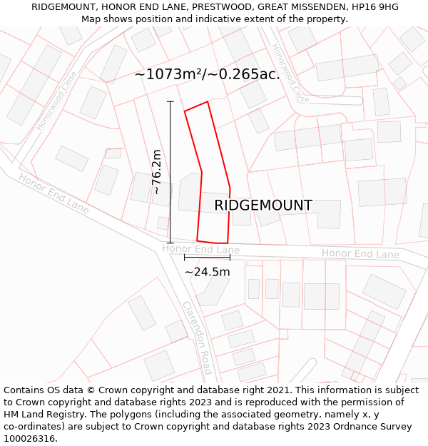 RIDGEMOUNT, HONOR END LANE, PRESTWOOD, GREAT MISSENDEN, HP16 9HG: Plot and title map