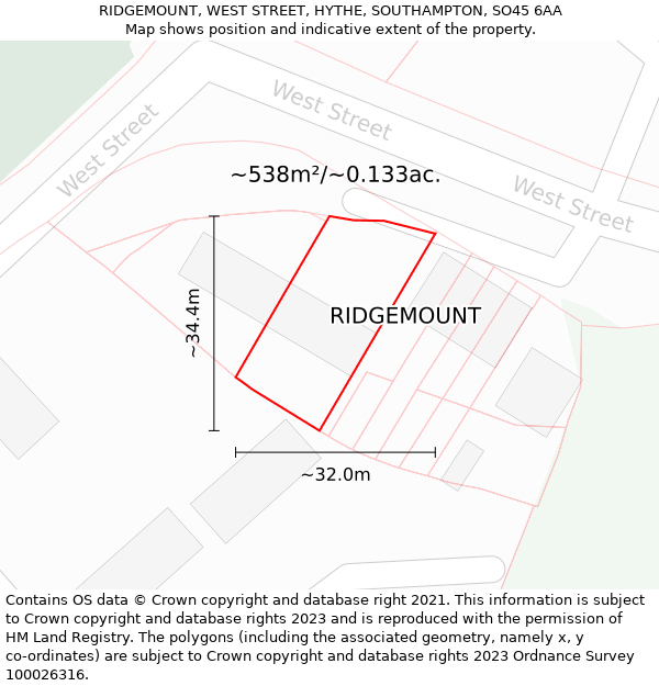 RIDGEMOUNT, WEST STREET, HYTHE, SOUTHAMPTON, SO45 6AA: Plot and title map