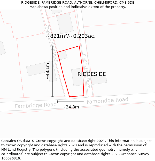 RIDGESIDE, FAMBRIDGE ROAD, ALTHORNE, CHELMSFORD, CM3 6DB: Plot and title map