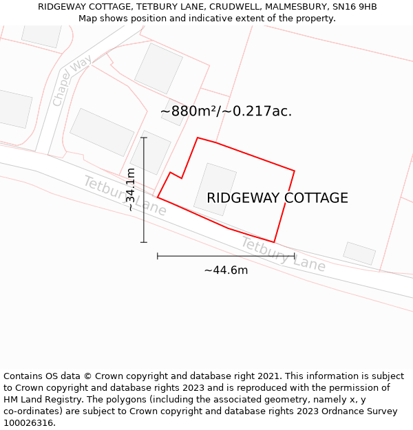 RIDGEWAY COTTAGE, TETBURY LANE, CRUDWELL, MALMESBURY, SN16 9HB: Plot and title map