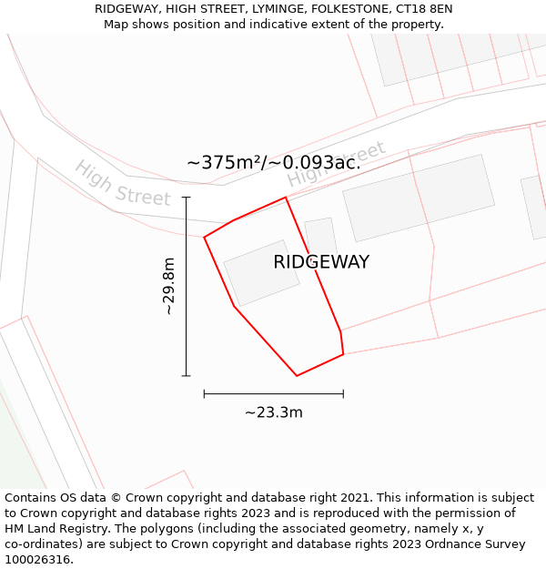 RIDGEWAY, HIGH STREET, LYMINGE, FOLKESTONE, CT18 8EN: Plot and title map