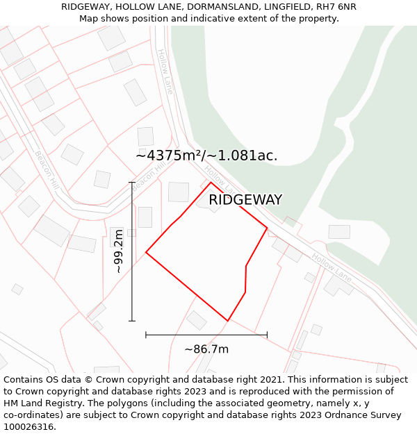 RIDGEWAY, HOLLOW LANE, DORMANSLAND, LINGFIELD, RH7 6NR: Plot and title map