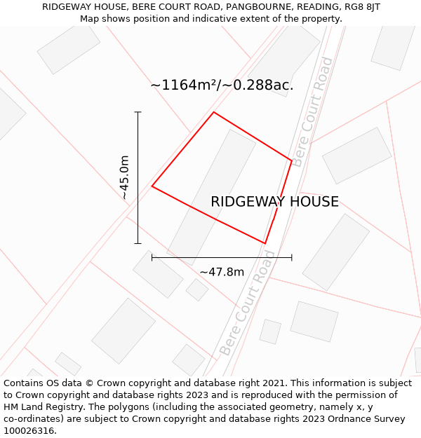 RIDGEWAY HOUSE, BERE COURT ROAD, PANGBOURNE, READING, RG8 8JT: Plot and title map