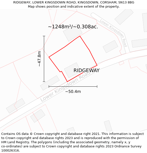 RIDGEWAY, LOWER KINGSDOWN ROAD, KINGSDOWN, CORSHAM, SN13 8BG: Plot and title map