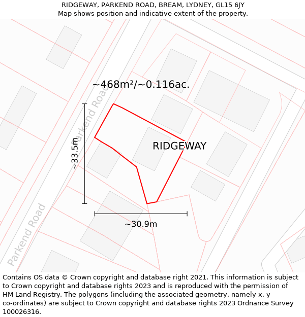 RIDGEWAY, PARKEND ROAD, BREAM, LYDNEY, GL15 6JY: Plot and title map