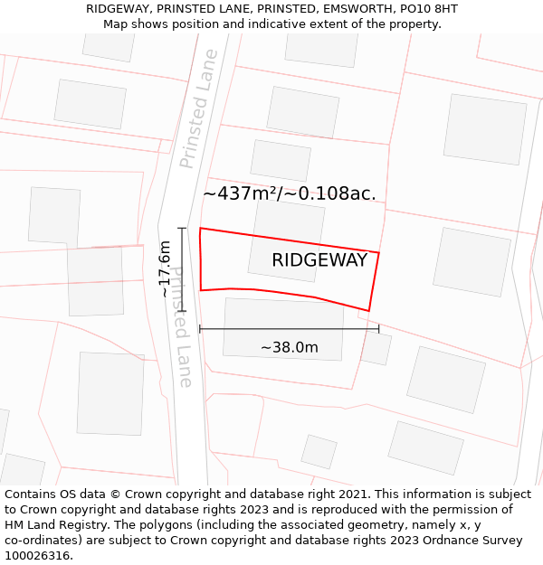 RIDGEWAY, PRINSTED LANE, PRINSTED, EMSWORTH, PO10 8HT: Plot and title map