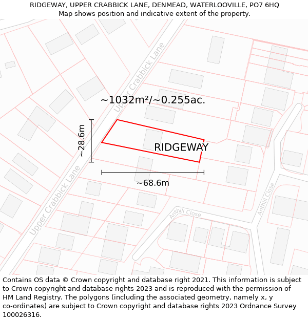 RIDGEWAY, UPPER CRABBICK LANE, DENMEAD, WATERLOOVILLE, PO7 6HQ: Plot and title map