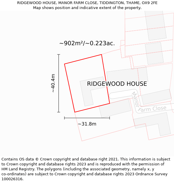 RIDGEWOOD HOUSE, MANOR FARM CLOSE, TIDDINGTON, THAME, OX9 2FE: Plot and title map