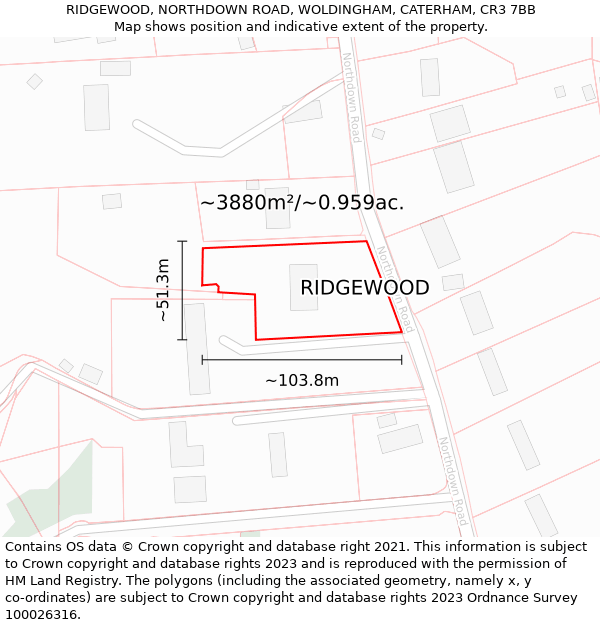 RIDGEWOOD, NORTHDOWN ROAD, WOLDINGHAM, CATERHAM, CR3 7BB: Plot and title map