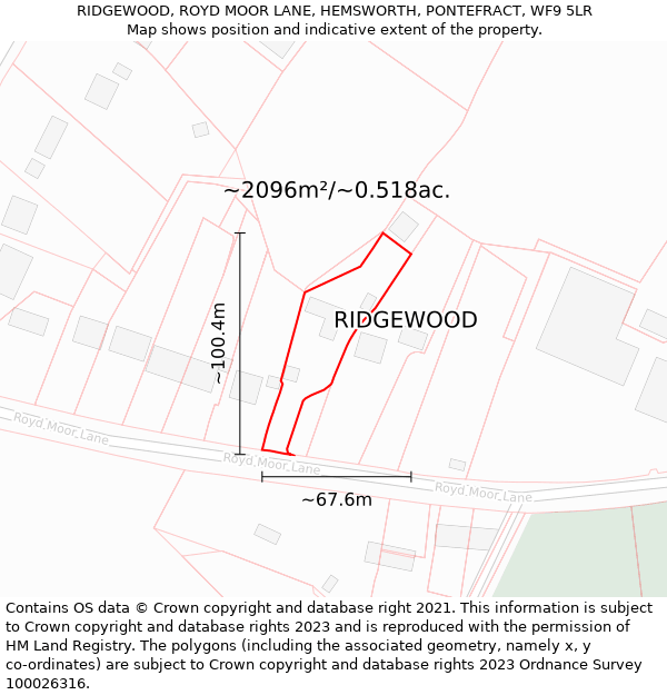 RIDGEWOOD, ROYD MOOR LANE, HEMSWORTH, PONTEFRACT, WF9 5LR: Plot and title map