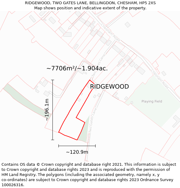 RIDGEWOOD, TWO GATES LANE, BELLINGDON, CHESHAM, HP5 2XS: Plot and title map