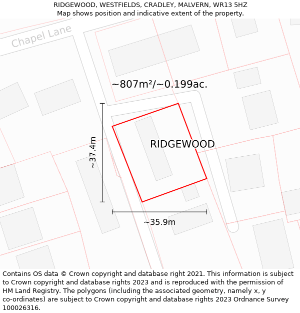 RIDGEWOOD, WESTFIELDS, CRADLEY, MALVERN, WR13 5HZ: Plot and title map