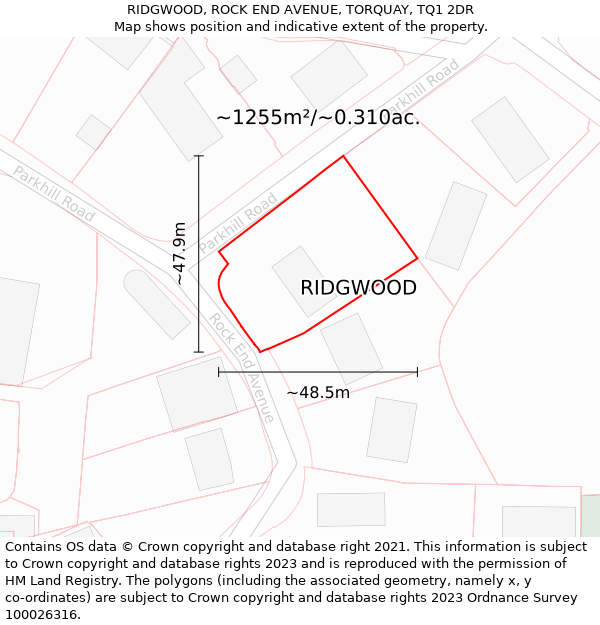 RIDGWOOD, ROCK END AVENUE, TORQUAY, TQ1 2DR: Plot and title map