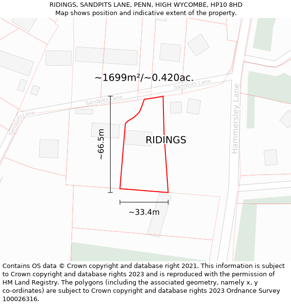 RIDINGS, SANDPITS LANE, PENN, HIGH WYCOMBE, HP10 8HD: Plot and title map