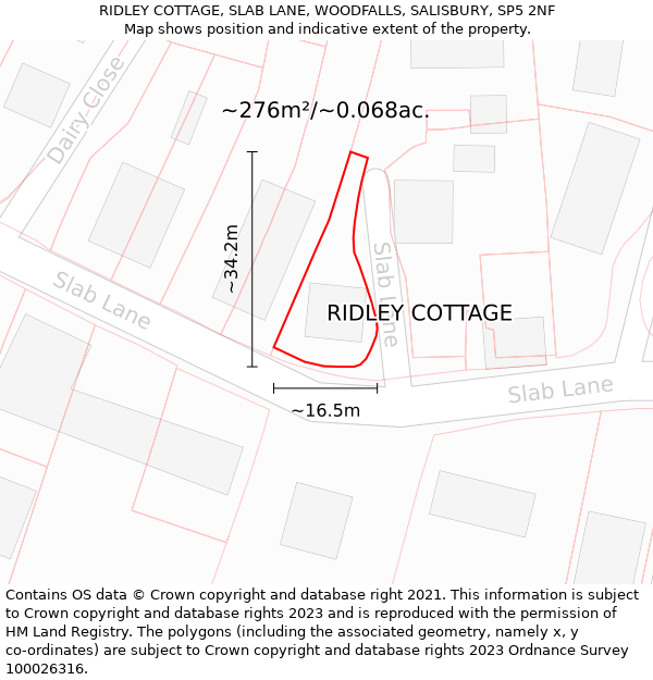 RIDLEY COTTAGE, SLAB LANE, WOODFALLS, SALISBURY, SP5 2NF: Plot and title map