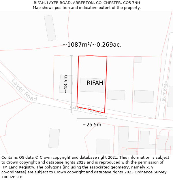 RIFAH, LAYER ROAD, ABBERTON, COLCHESTER, CO5 7NH: Plot and title map