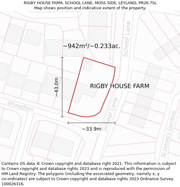 RIGBY HOUSE FARM, SCHOOL LANE, MOSS SIDE, LEYLAND, PR26 7SL: Plot and title map