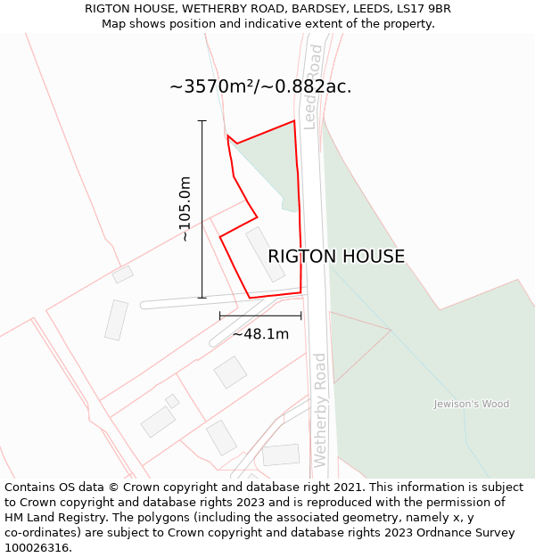 RIGTON HOUSE, WETHERBY ROAD, BARDSEY, LEEDS, LS17 9BR: Plot and title map