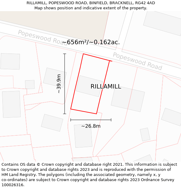 RILLAMILL, POPESWOOD ROAD, BINFIELD, BRACKNELL, RG42 4AD: Plot and title map