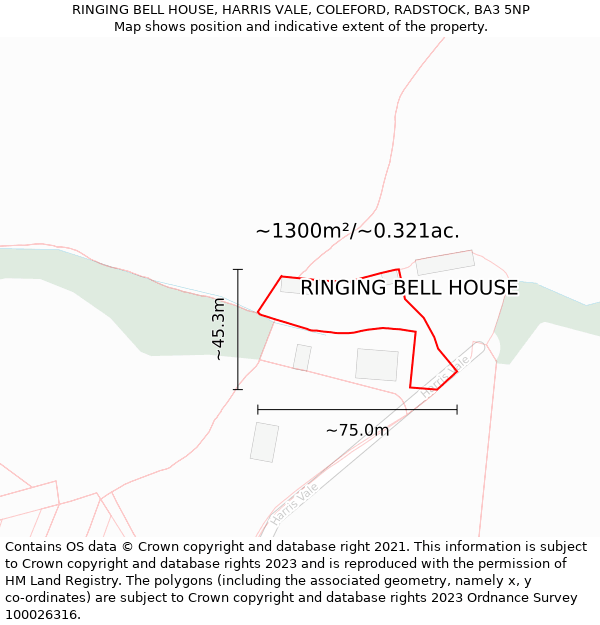 RINGING BELL HOUSE, HARRIS VALE, COLEFORD, RADSTOCK, BA3 5NP: Plot and title map