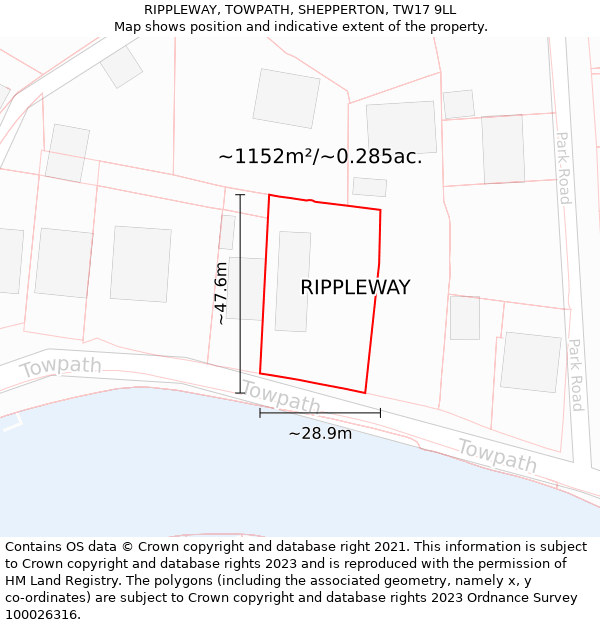 RIPPLEWAY, TOWPATH, SHEPPERTON, TW17 9LL: Plot and title map