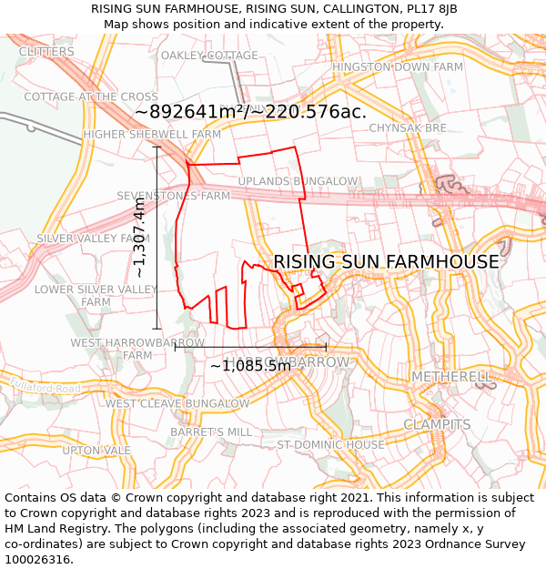 RISING SUN FARMHOUSE, RISING SUN, CALLINGTON, PL17 8JB: Plot and title map