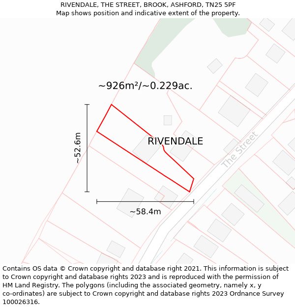 RIVENDALE, THE STREET, BROOK, ASHFORD, TN25 5PF: Plot and title map