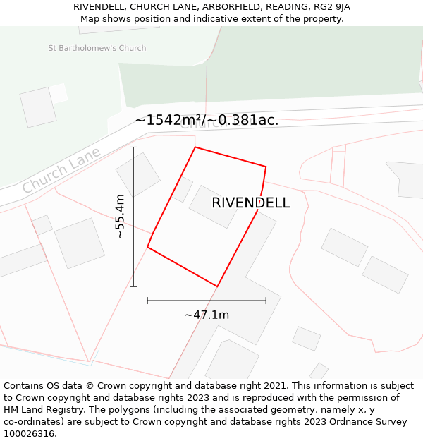 RIVENDELL, CHURCH LANE, ARBORFIELD, READING, RG2 9JA: Plot and title map