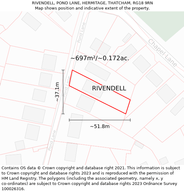 RIVENDELL, POND LANE, HERMITAGE, THATCHAM, RG18 9RN: Plot and title map
