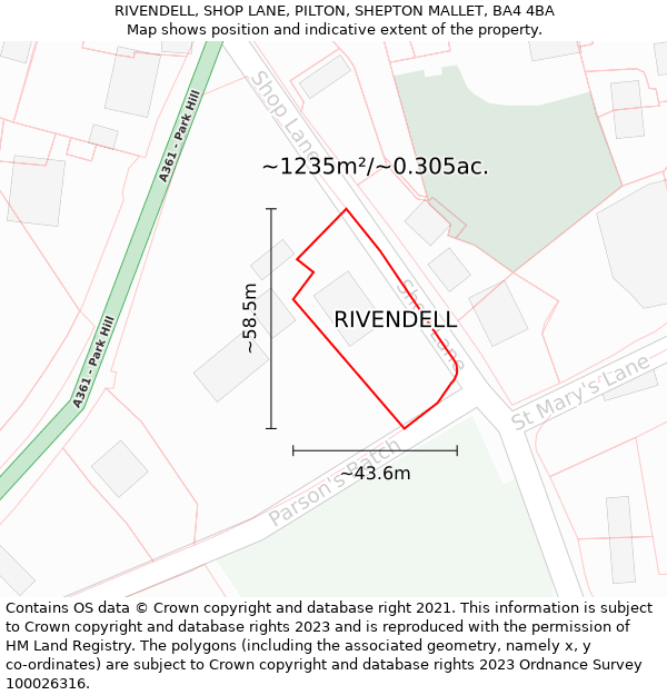 RIVENDELL, SHOP LANE, PILTON, SHEPTON MALLET, BA4 4BA: Plot and title map