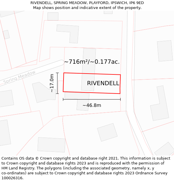 RIVENDELL, SPRING MEADOW, PLAYFORD, IPSWICH, IP6 9ED: Plot and title map