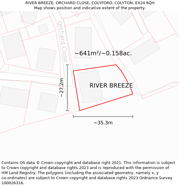 RIVER BREEZE, ORCHARD CLOSE, COLYFORD, COLYTON, EX24 6QH: Plot and title map