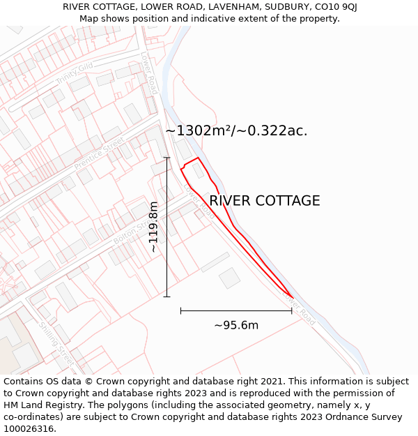 RIVER COTTAGE, LOWER ROAD, LAVENHAM, SUDBURY, CO10 9QJ: Plot and title map