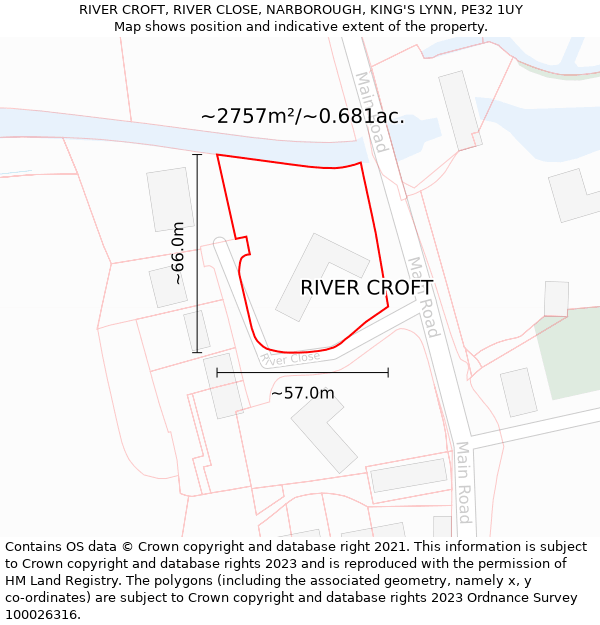 RIVER CROFT, RIVER CLOSE, NARBOROUGH, KING'S LYNN, PE32 1UY: Plot and title map