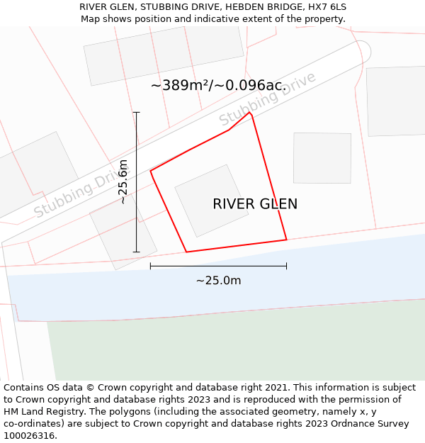 RIVER GLEN, STUBBING DRIVE, HEBDEN BRIDGE, HX7 6LS: Plot and title map